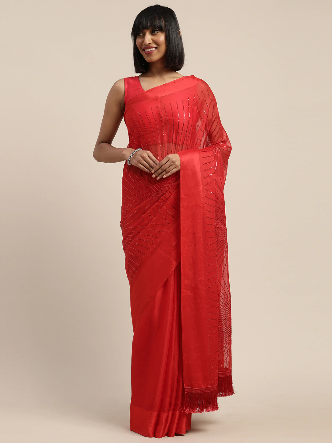 Red Crepe Sequins Embroidered Saree