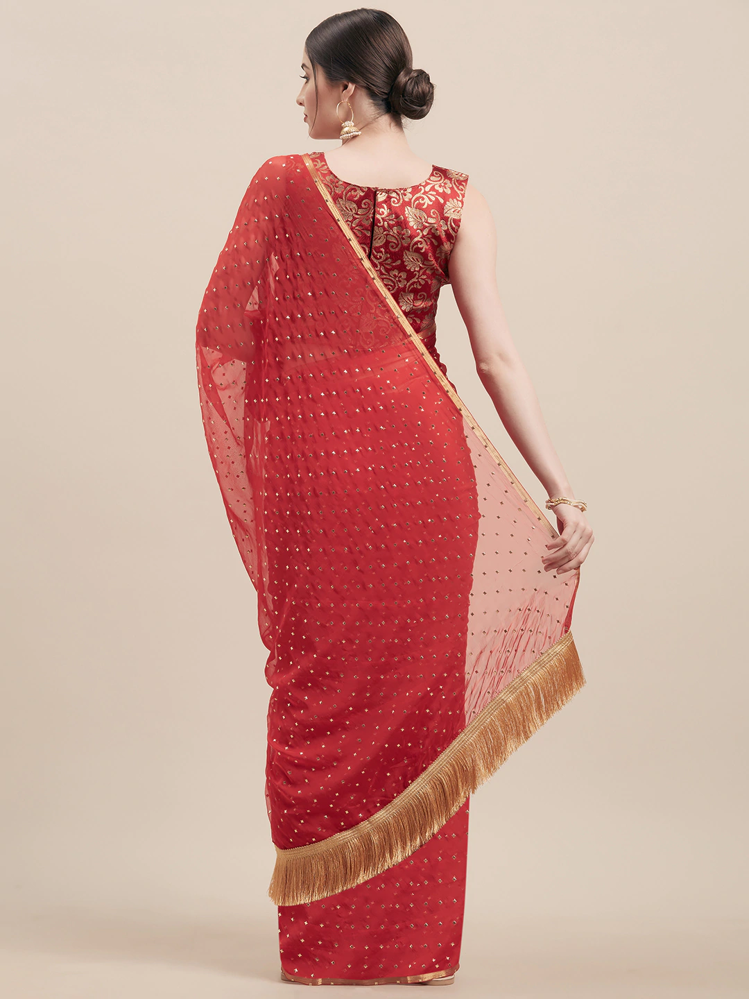 Four Seasons Ravishing Red Embellished Saree With Jacquard Blouse