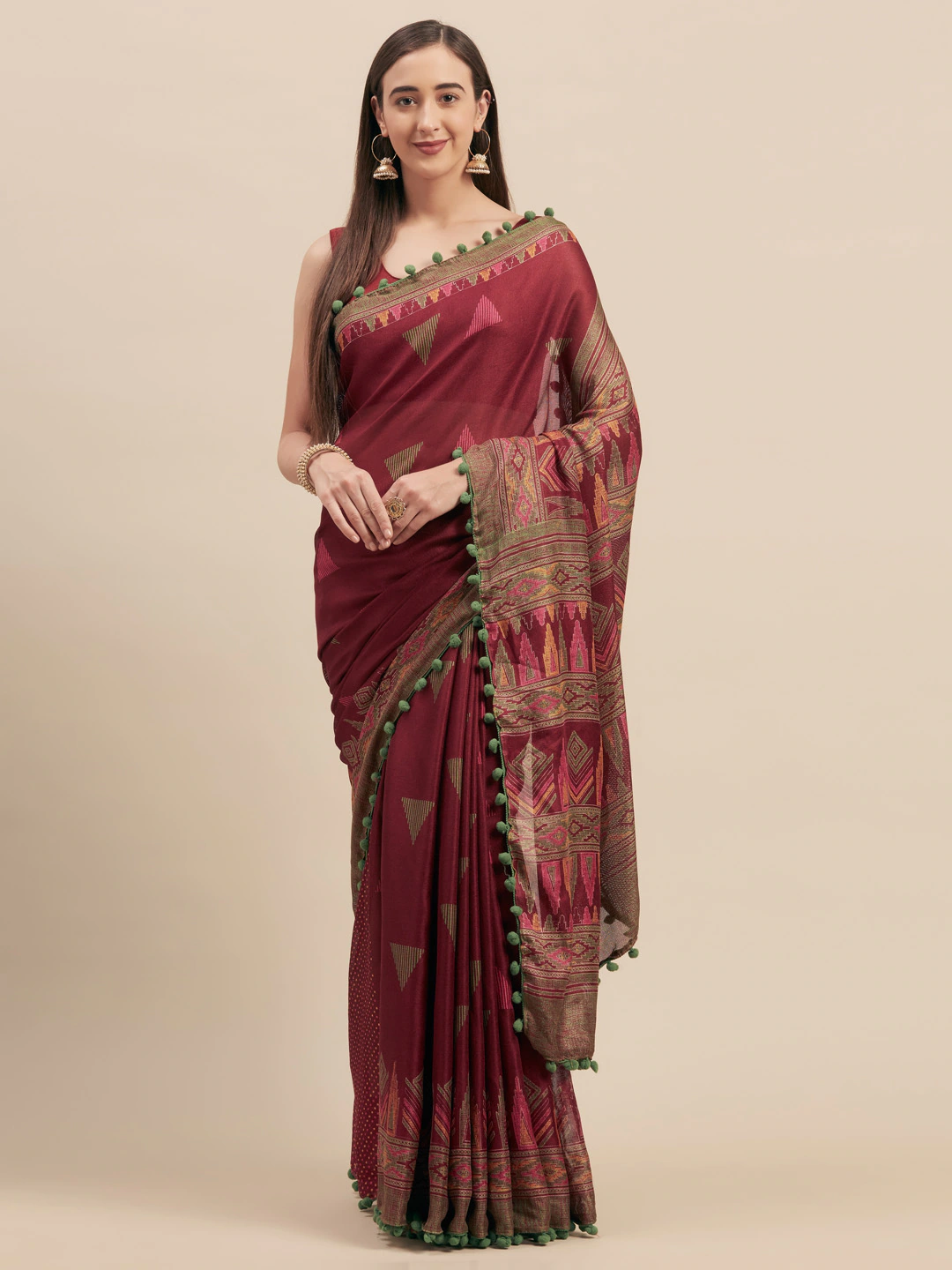 Four Seasons Magenta Jute Cotton Printed Saree With Pom Pom Lace