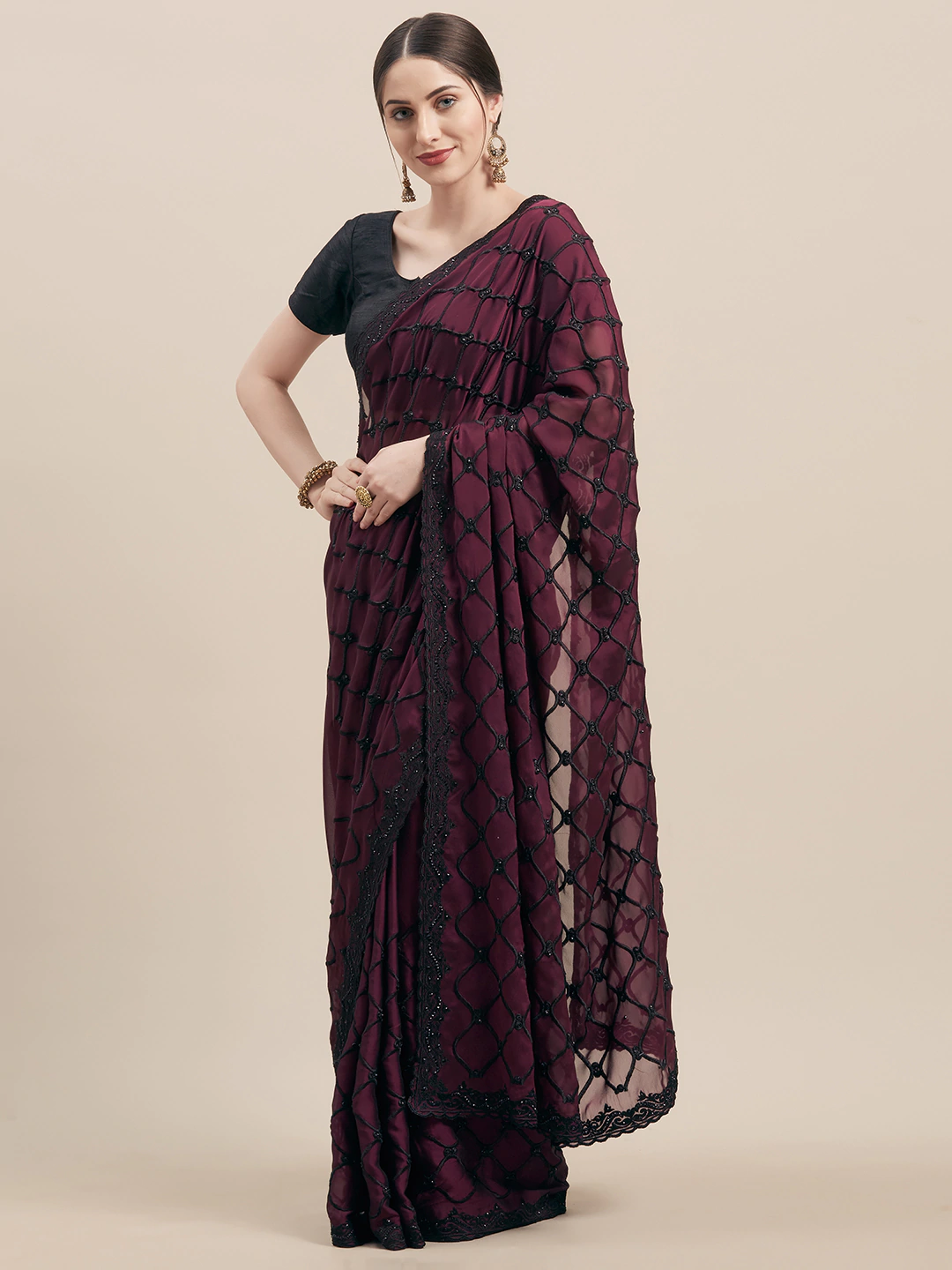 Burgundy Embroidered Satin Saree