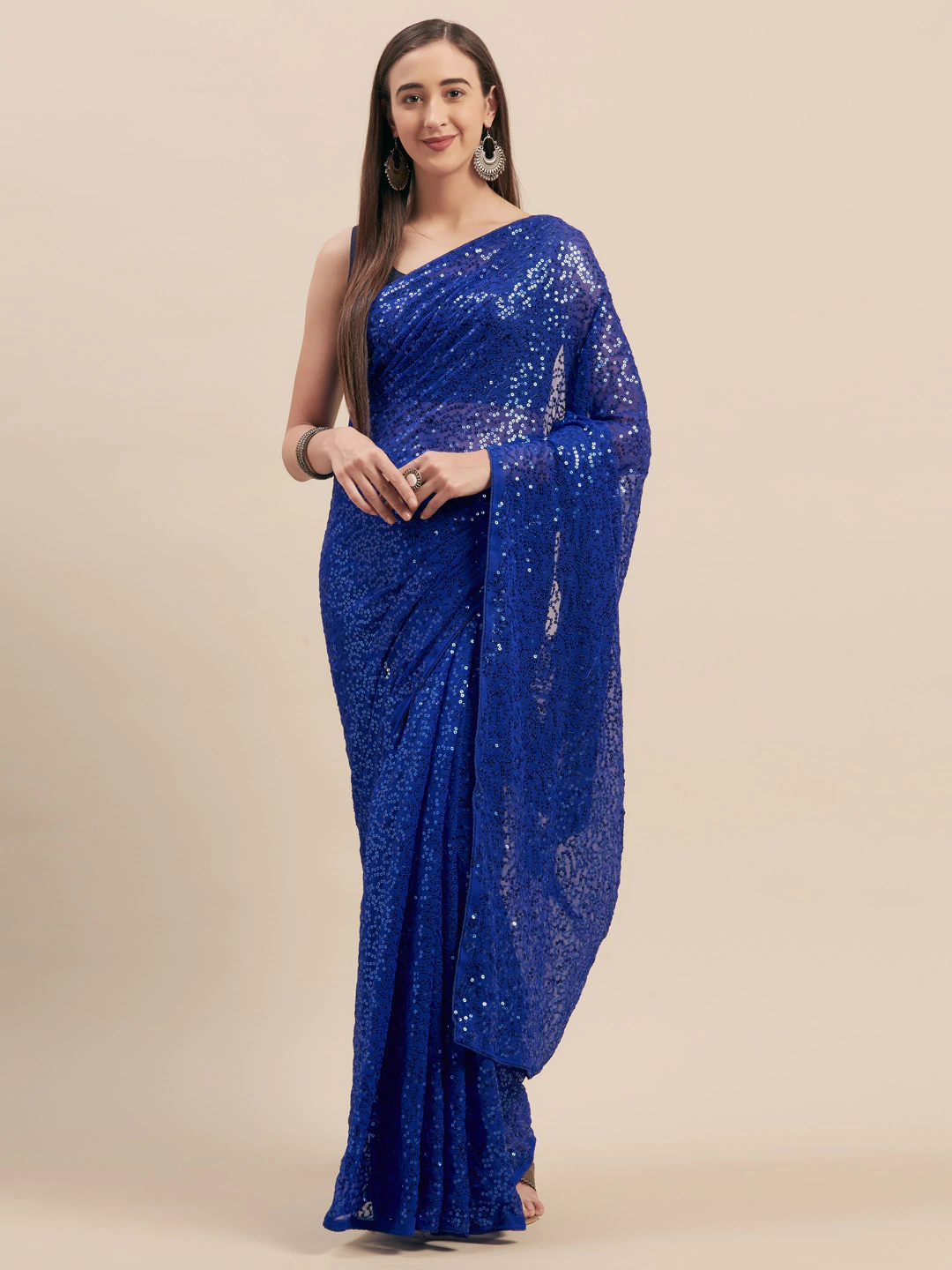 Blue Sequinned Poly Georgette Saree