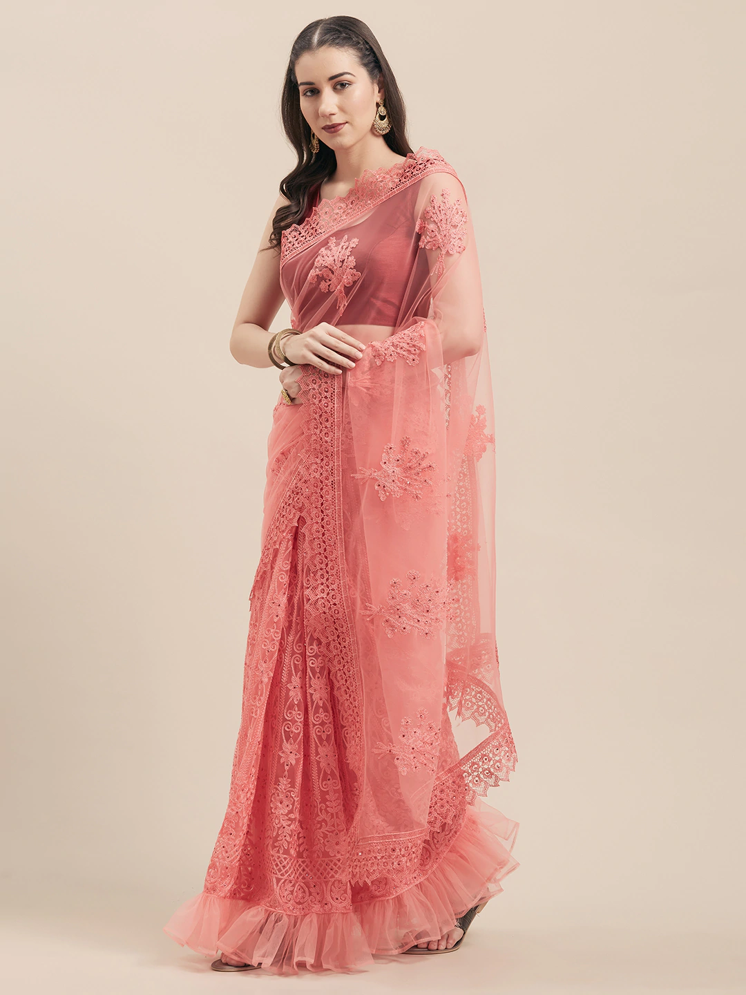 Four Seasons Pink Net Thread Embroidered Saree With Cut Work Lace & Crystals