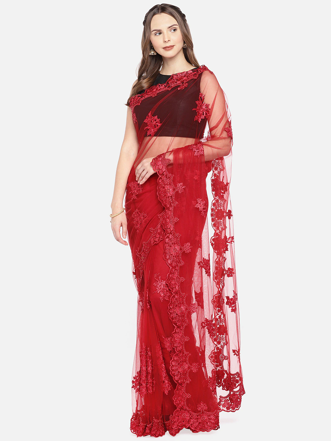 Red Embroidered Net Saree