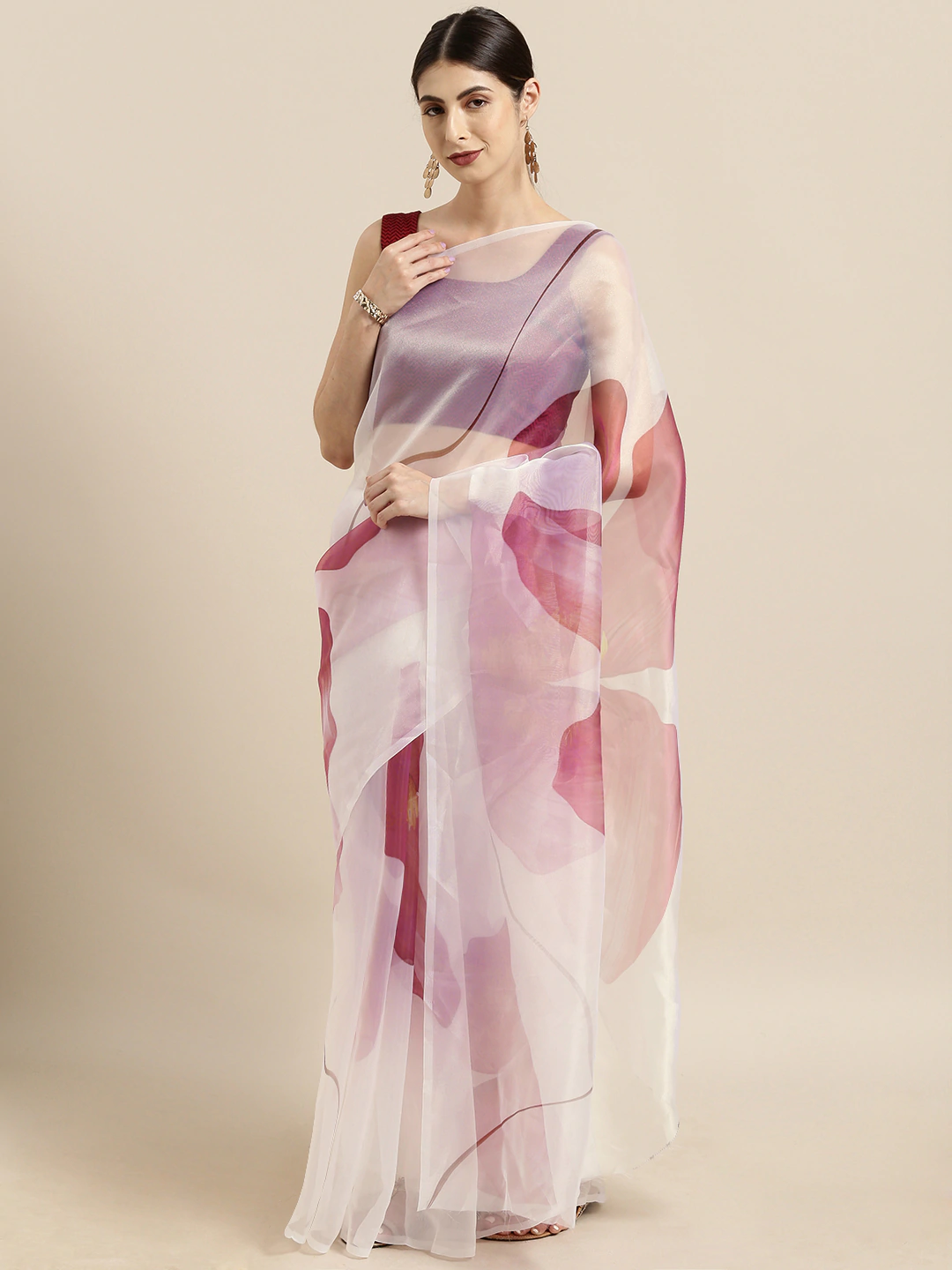 Four Seasons Off White & Pink Poly Organza Bandhani Design Saree with Printed Lace