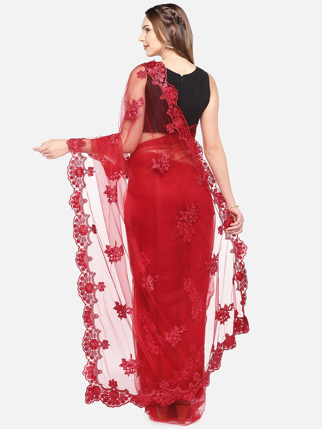 Red Embroidered Net Saree