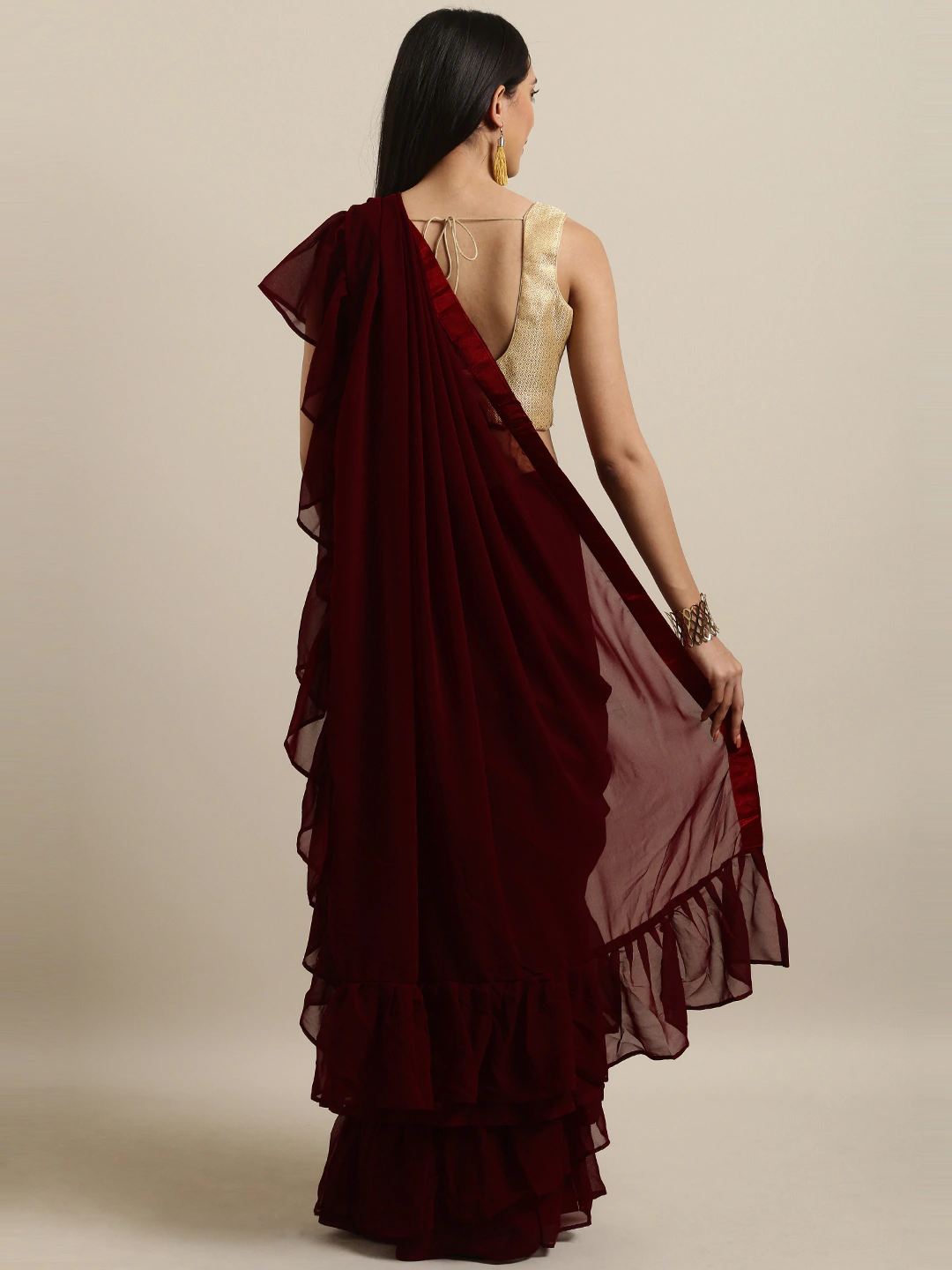 Burgundy Solid Poly Georgette Ruffled Saree