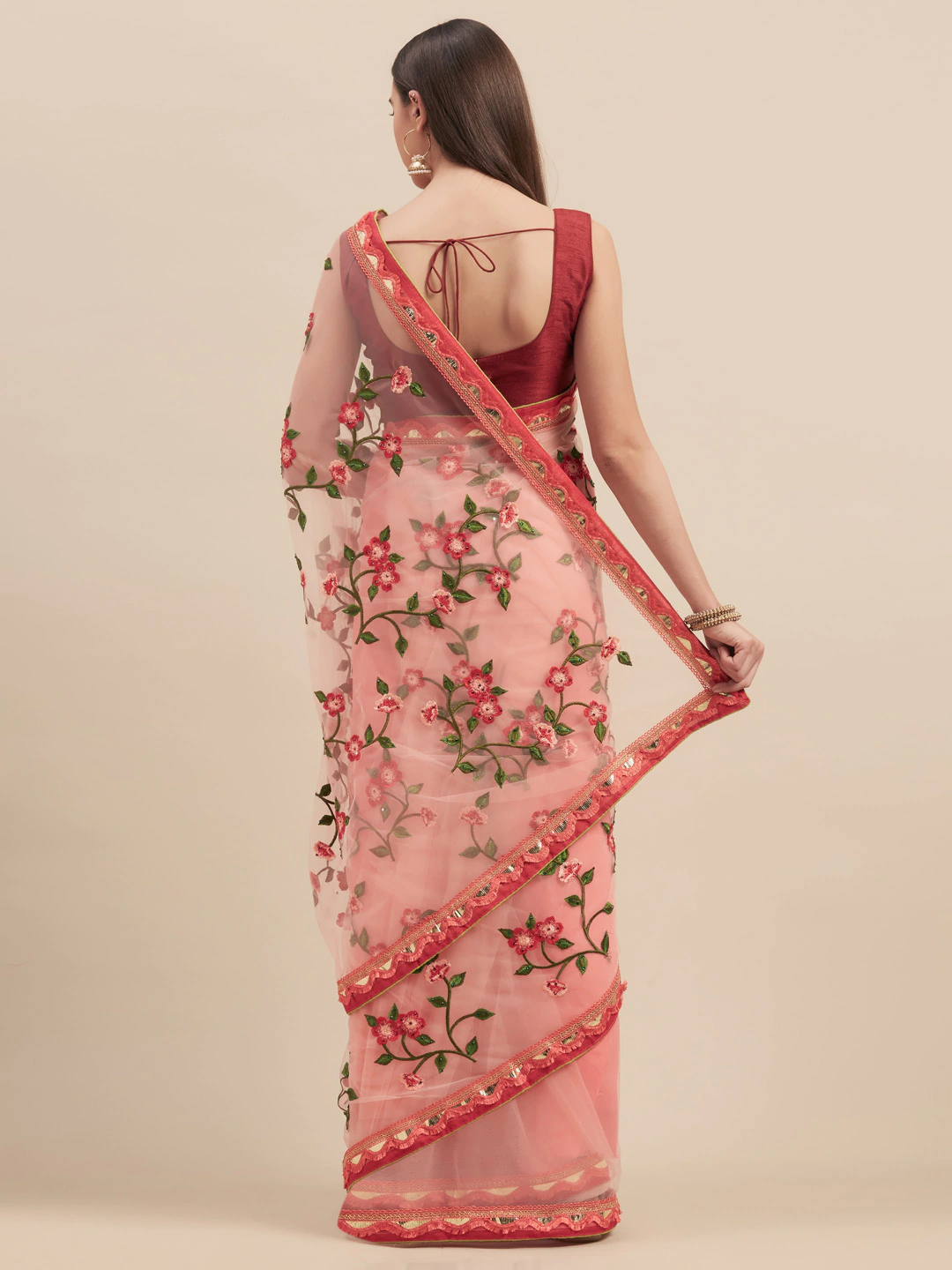 Pink Embroidered Net Saree