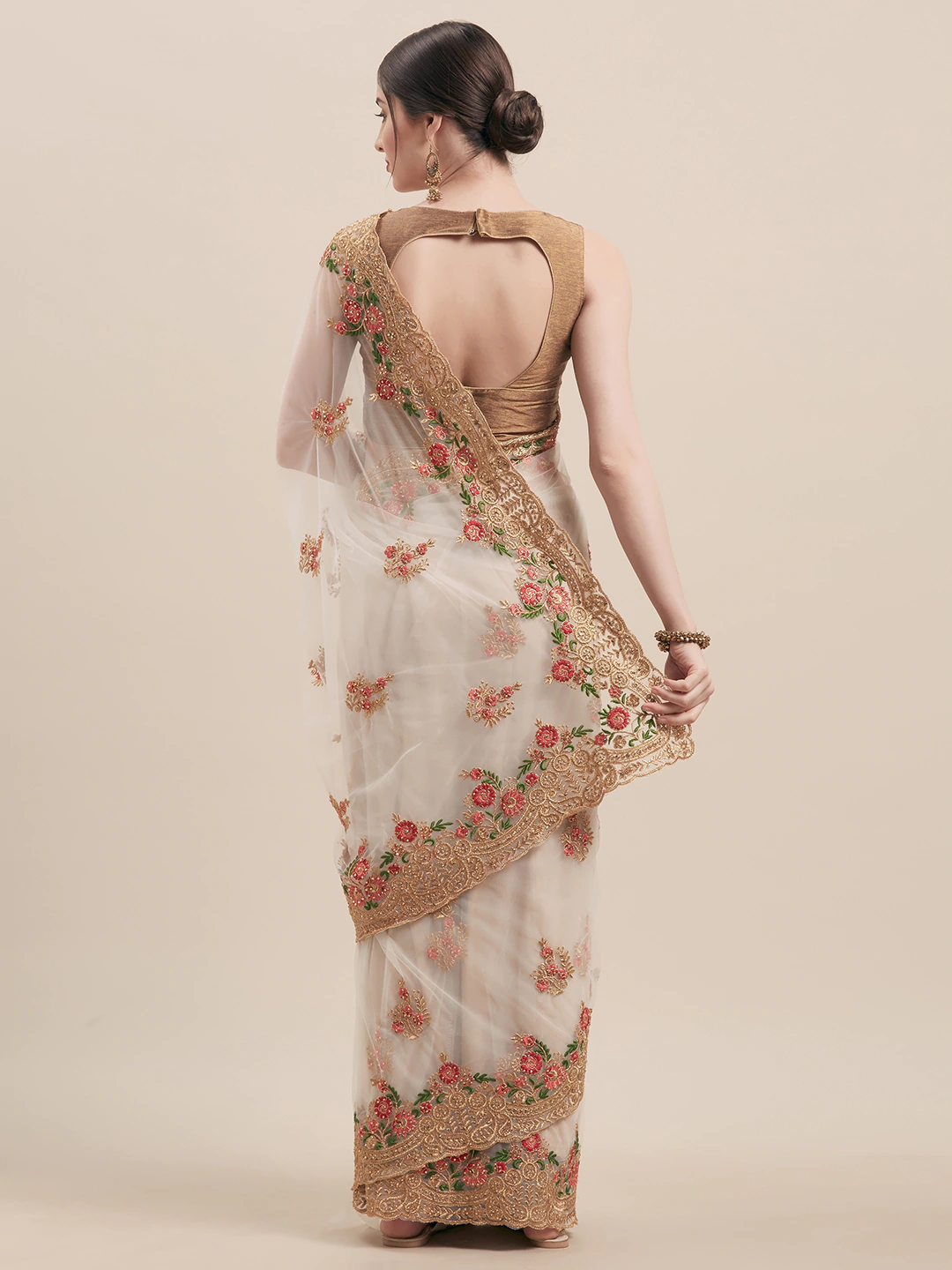 Off-White & Gold-Coloured Net Embroidered Saree