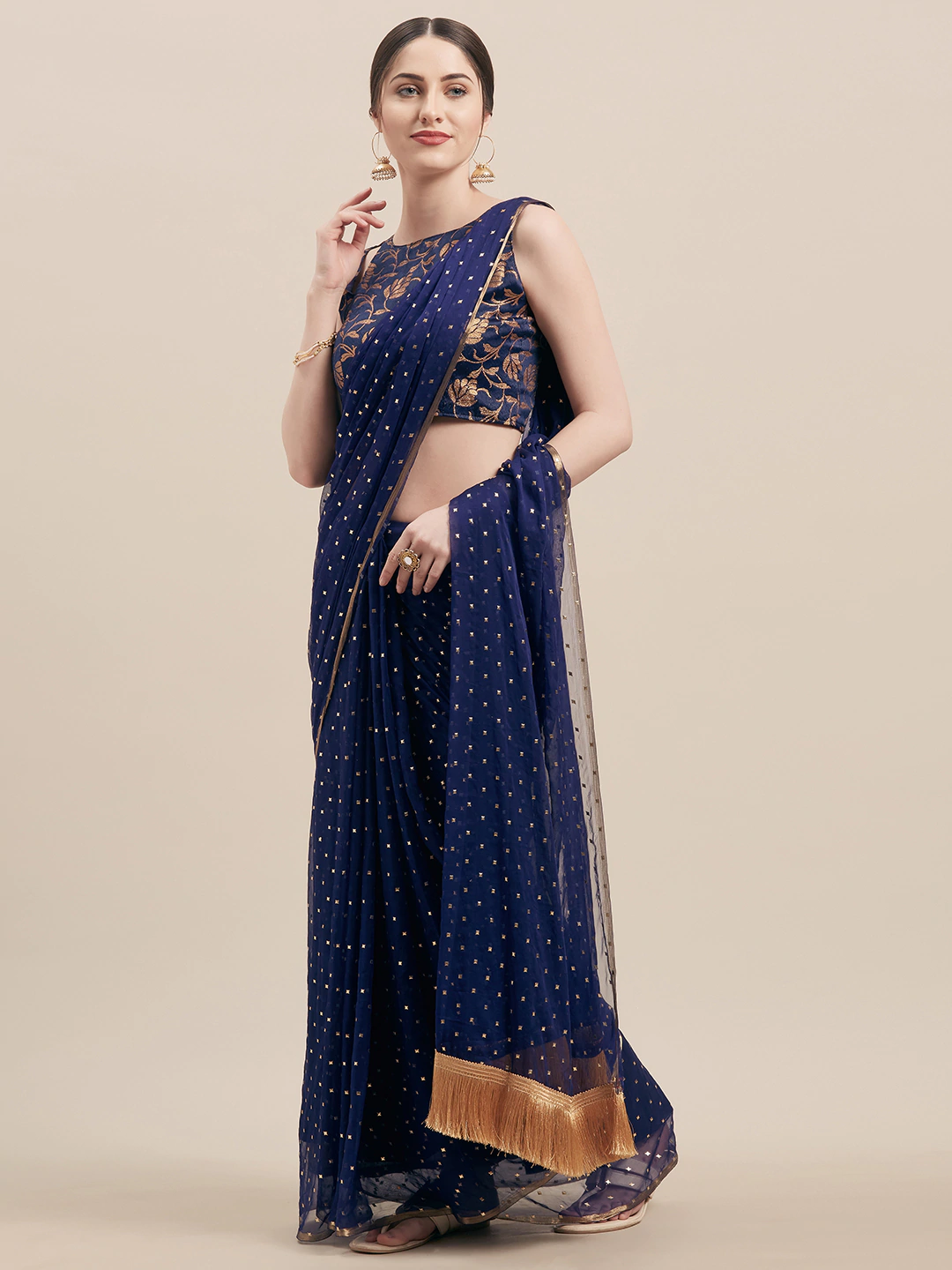 Four Seasons Blue Mukaish Embellished Saree With Jacquard Blouse