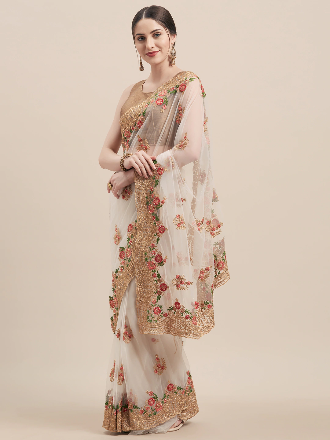 Off-White & Gold-Coloured Net Embroidered Saree