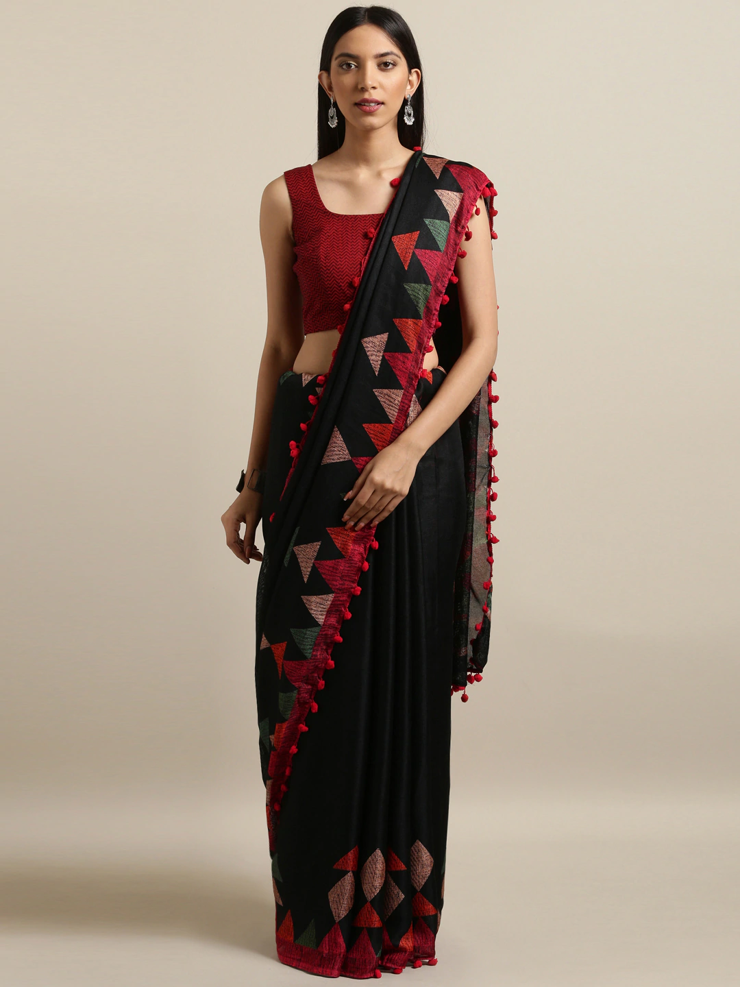 Four Seasons Black Printed Polycotton Saree