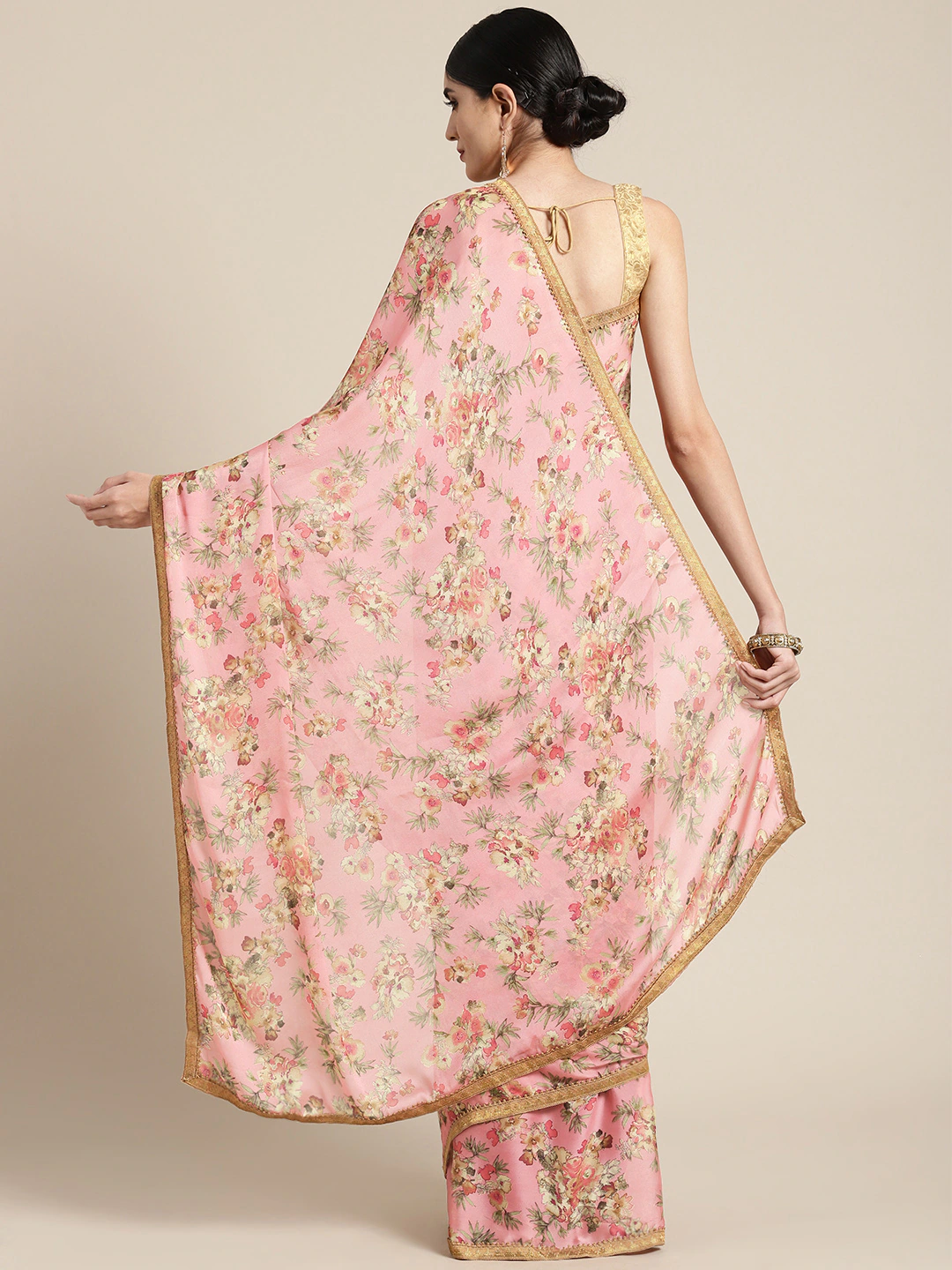 Four Seasons Pink & Beige Printed Crepe Saree