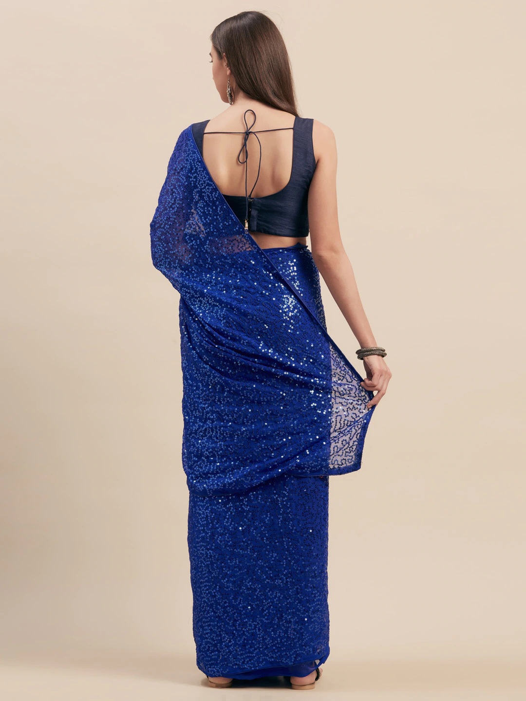 Blue Sequinned Poly Georgette Saree