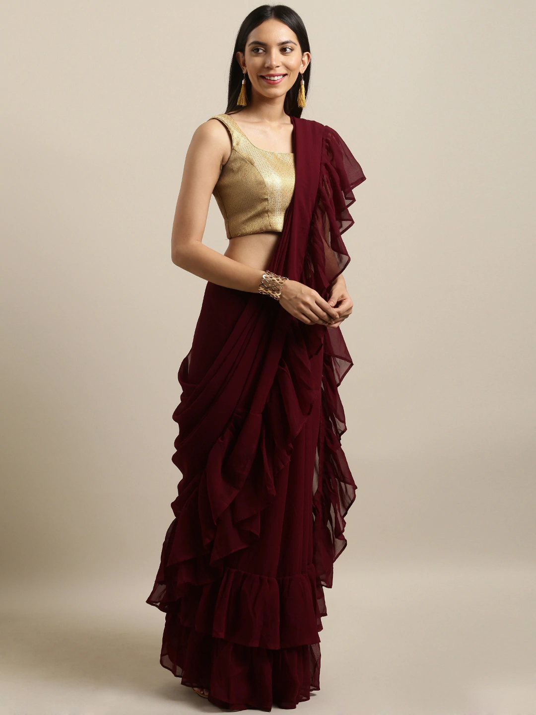 Burgundy Solid Poly Georgette Ruffled Saree