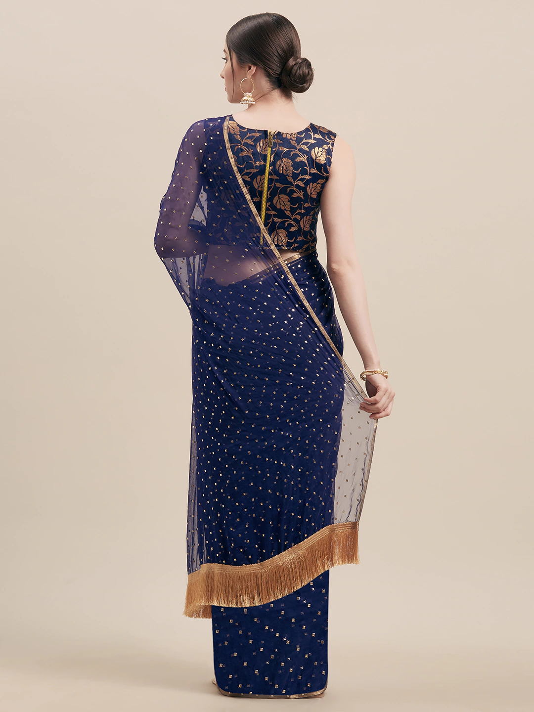 Four Seasons Blue Mukaish Embellished Saree With Jacquard Blouse