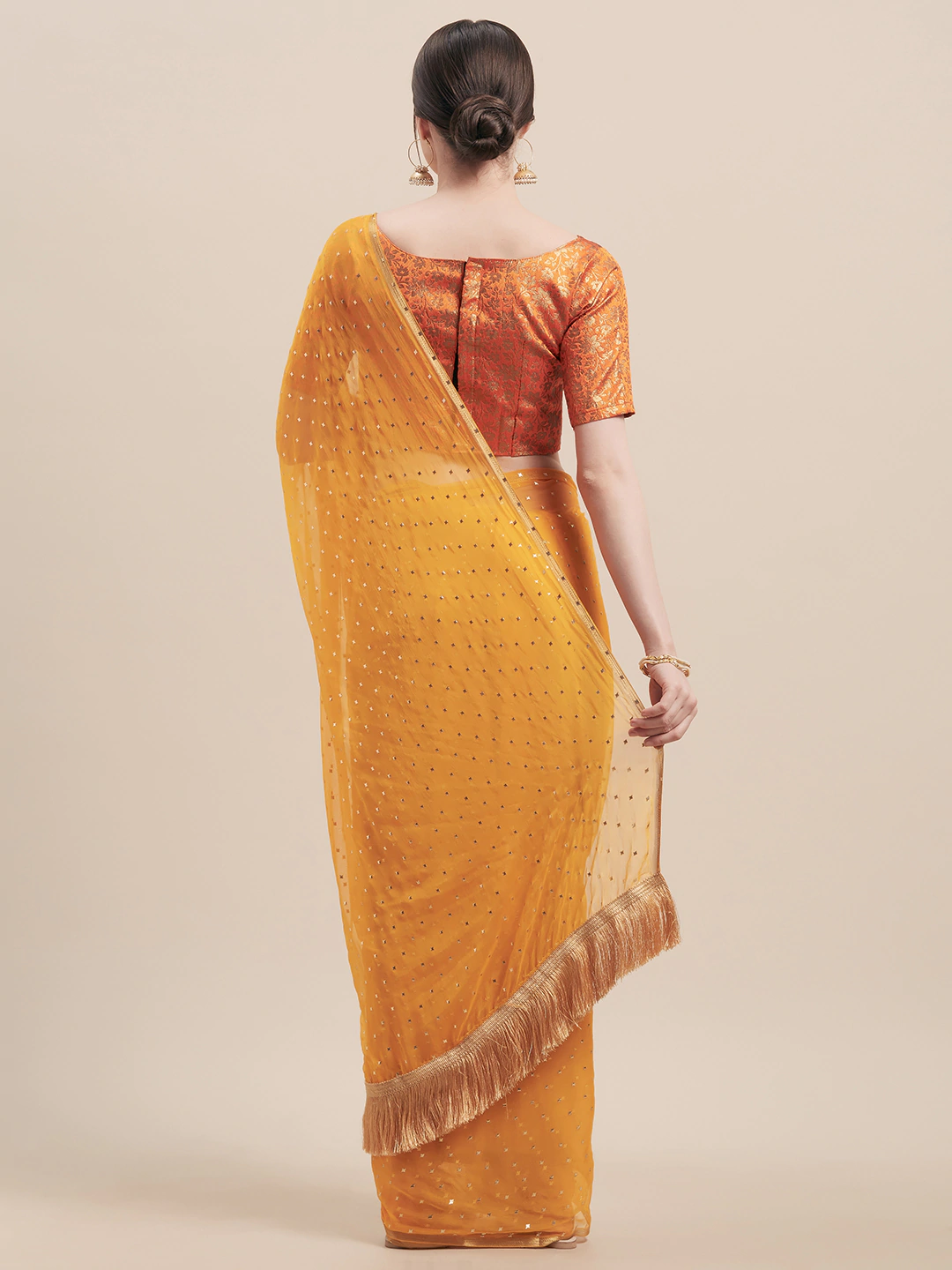 Four Seasons Tangerine Embellished Saree With Jacquard Blouse