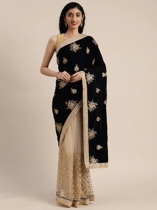 Navy Blue Velvet & Cream Net Half Embroidered Saree