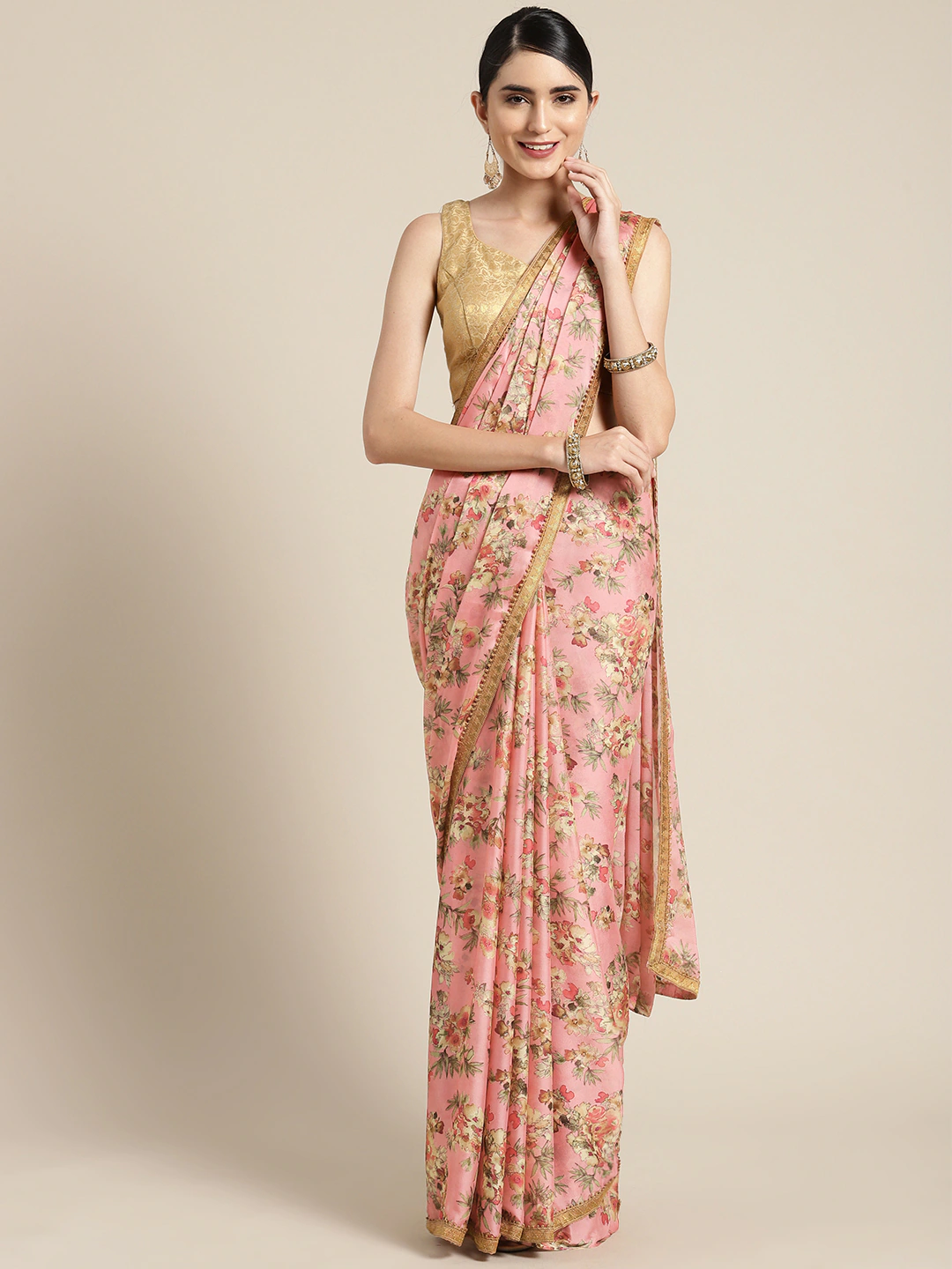 Four Seasons Pink & Beige Printed Crepe Saree