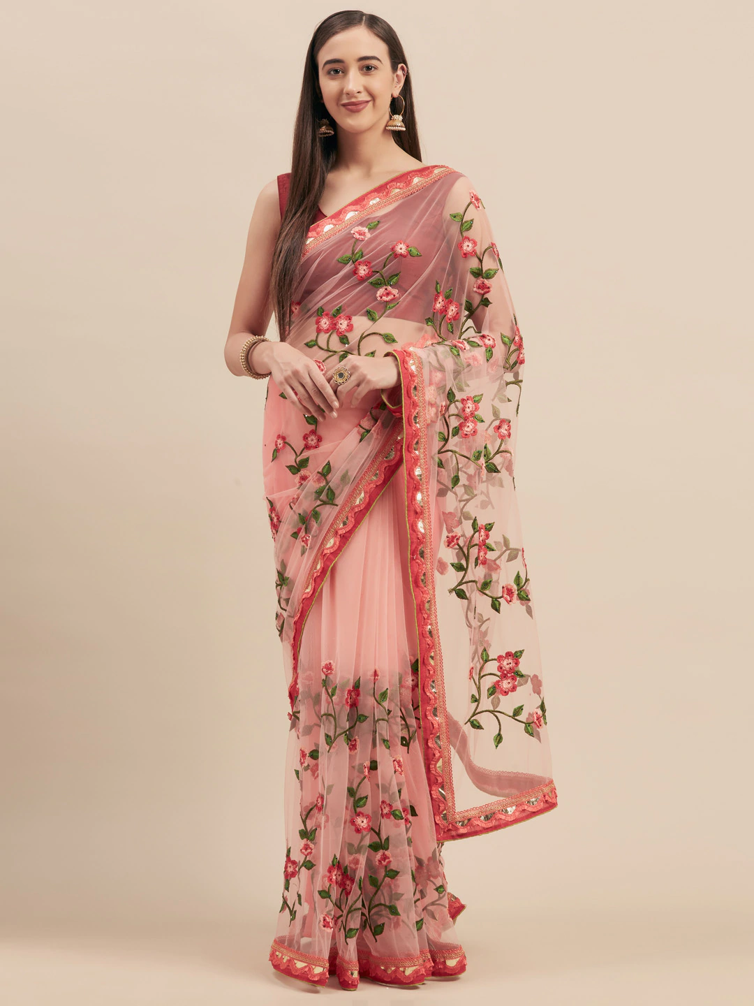 Pink Embroidered Net Saree