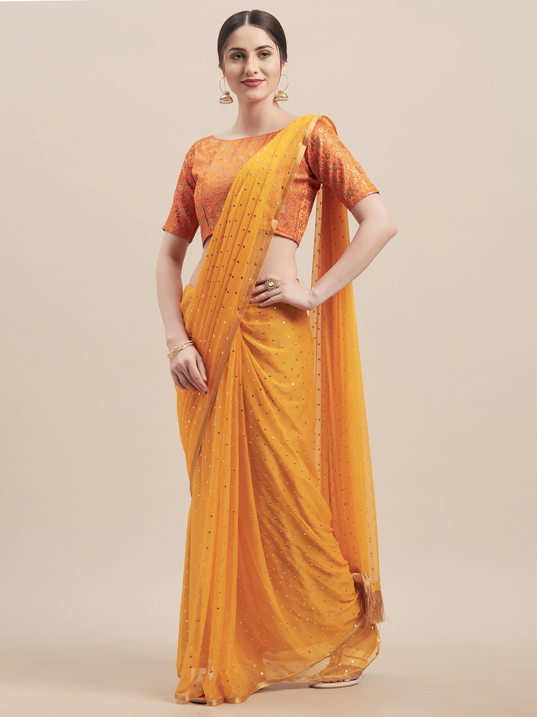 Four Seasons Tangerine Embellished Saree With Jacquard Blouse