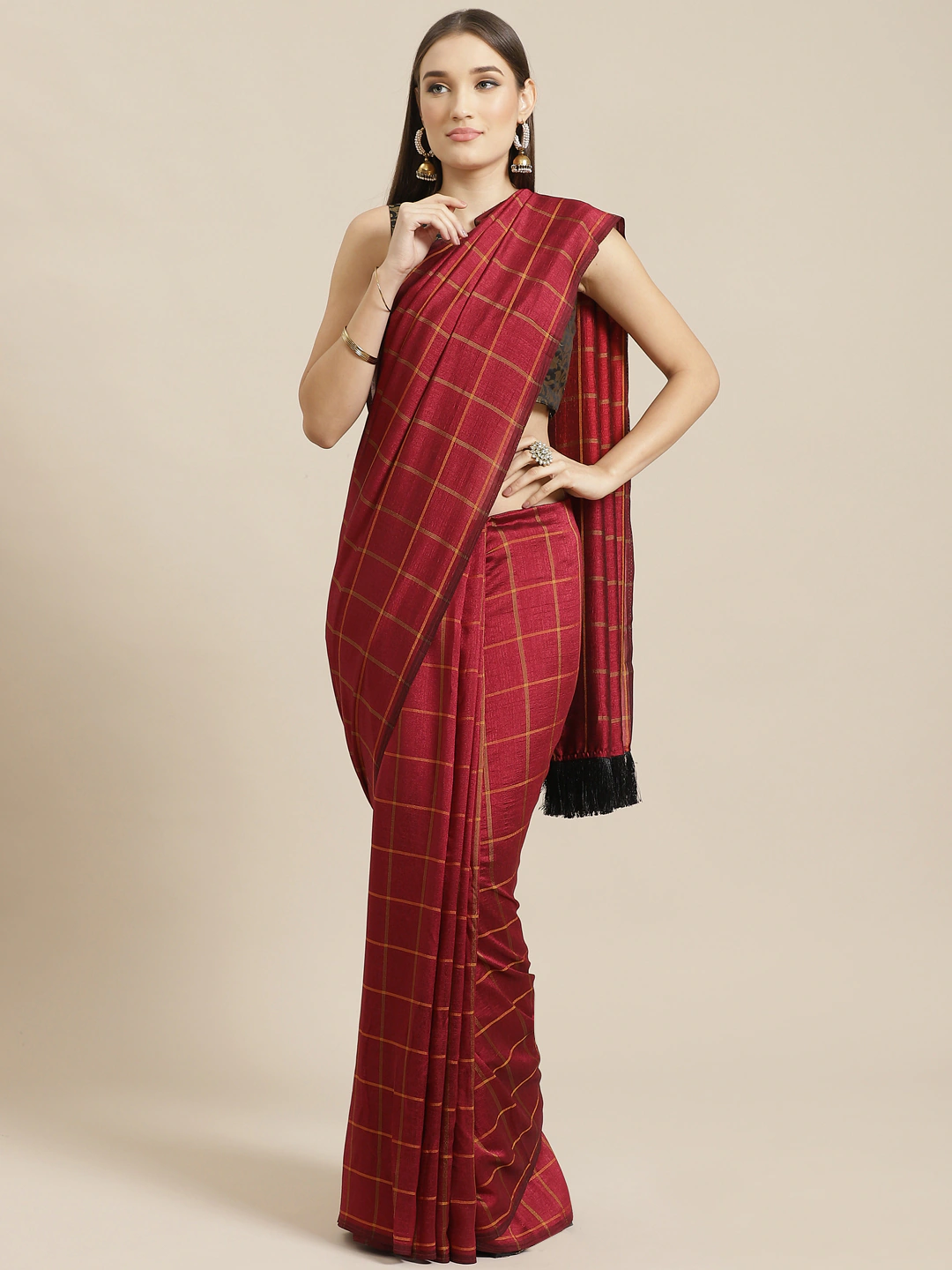 Four Seasons Red Blended Silk Saree with Fringes & Banarasi Blouse