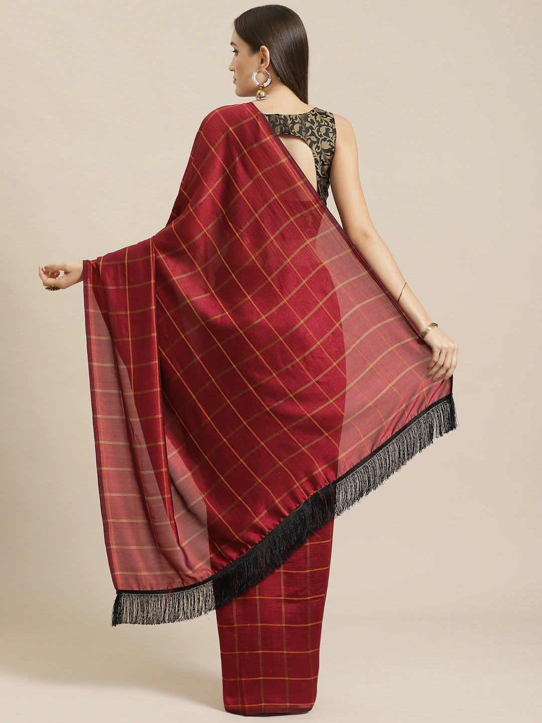 Four Seasons Red Blended Silk Saree with Fringes & Banarasi Blouse