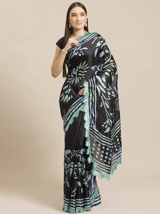 Four Seasons Black Batik PolyCotton Saree with Tassle Border (1)