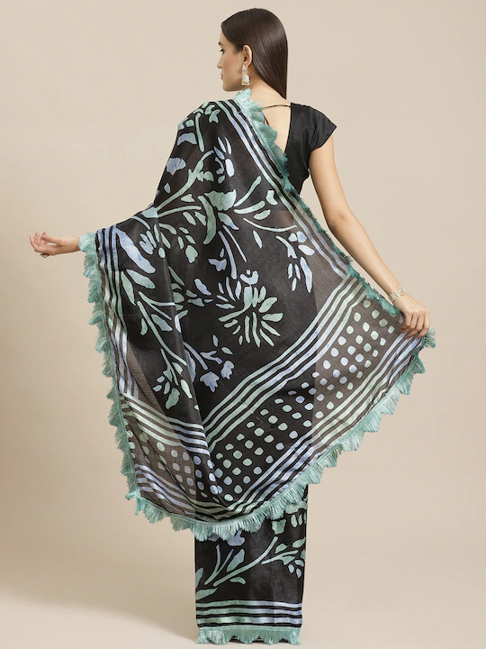 Four Seasons Black Batik PolyCotton Saree with Tassle Border (1)