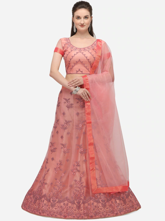 Peach-Coloured Semi-Stitched Lehenga & Blouse with Dupatta